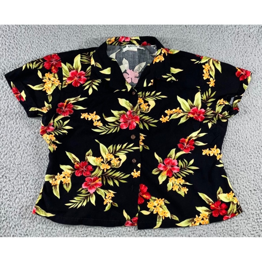 VTG Two Palms‎ Shirt Women M Black Floral Hawaiian Rayon Boho Beach Button Up